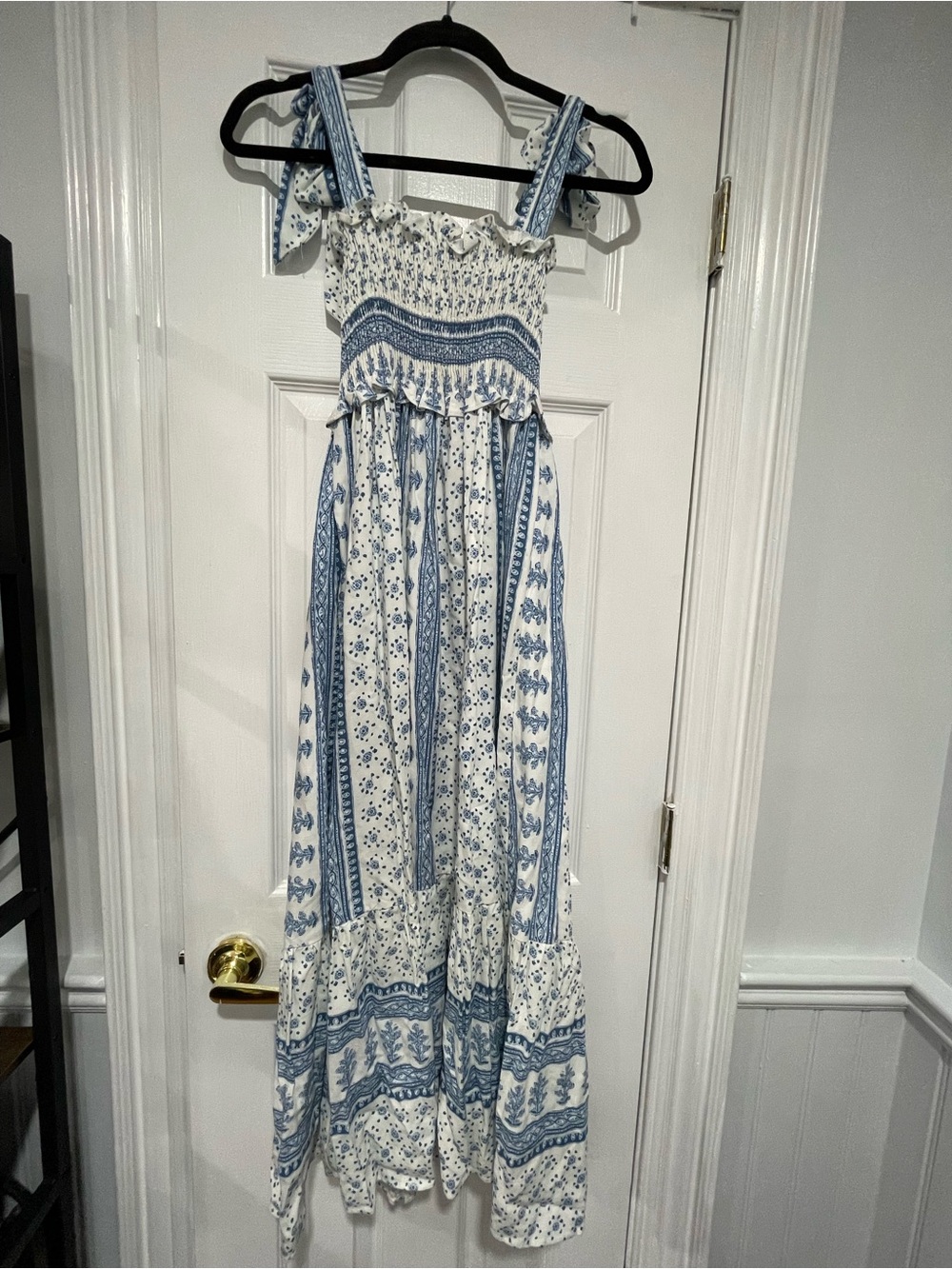 Women’s Blue and White Smocked Maxi Dress